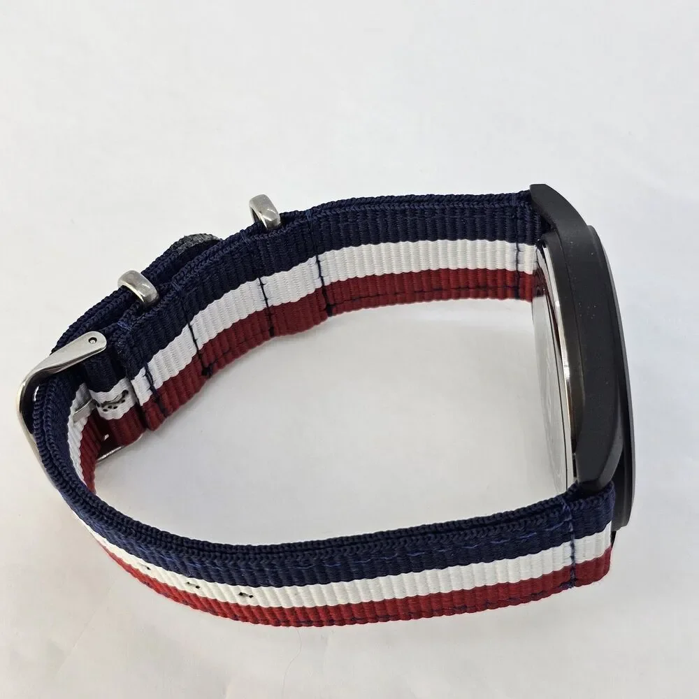 Men's 42MM Field Watch‎ Black Dial Blue White Red Canvas Band Straps New Battery